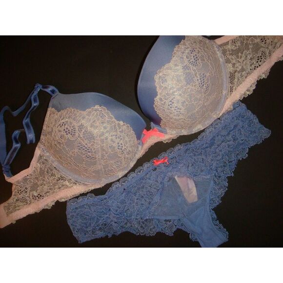 NWT Victoria's Secret 32DD BRA SET S Panty Iridescent BLUE Lavender white lace - Picture 1 of 4